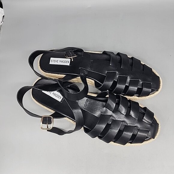 NWOB Steve Madden Marlin Black Leather Sandals Size 11 Shoes - Picture 2 of 6